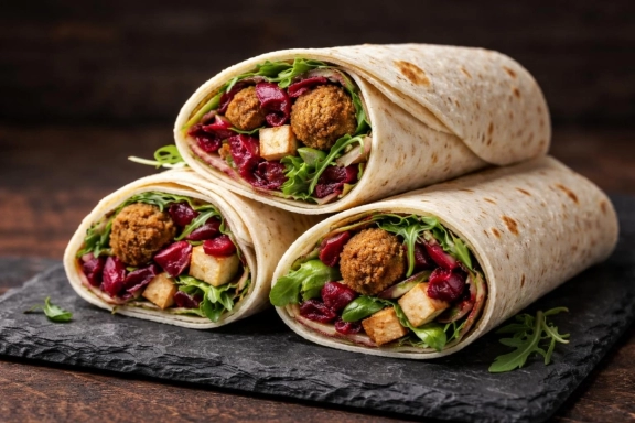 Falafeles, füstölt tofus wrap pácolt céklával VEGÁN