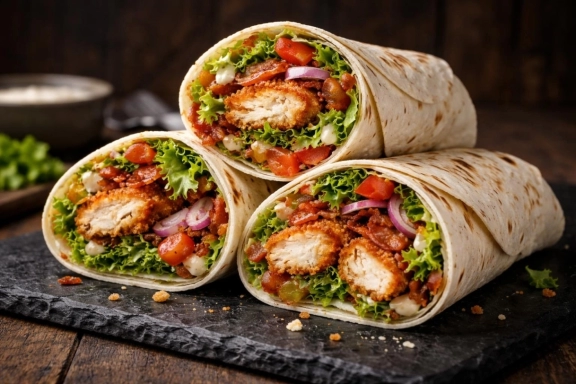 Pankó csirkés-baconos wrap friss zöldségekkel