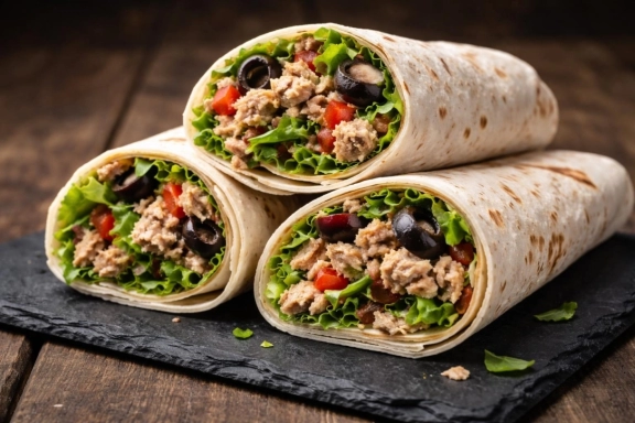 Tonhalas, fekete olívabogyós wrap salátakeverékkel